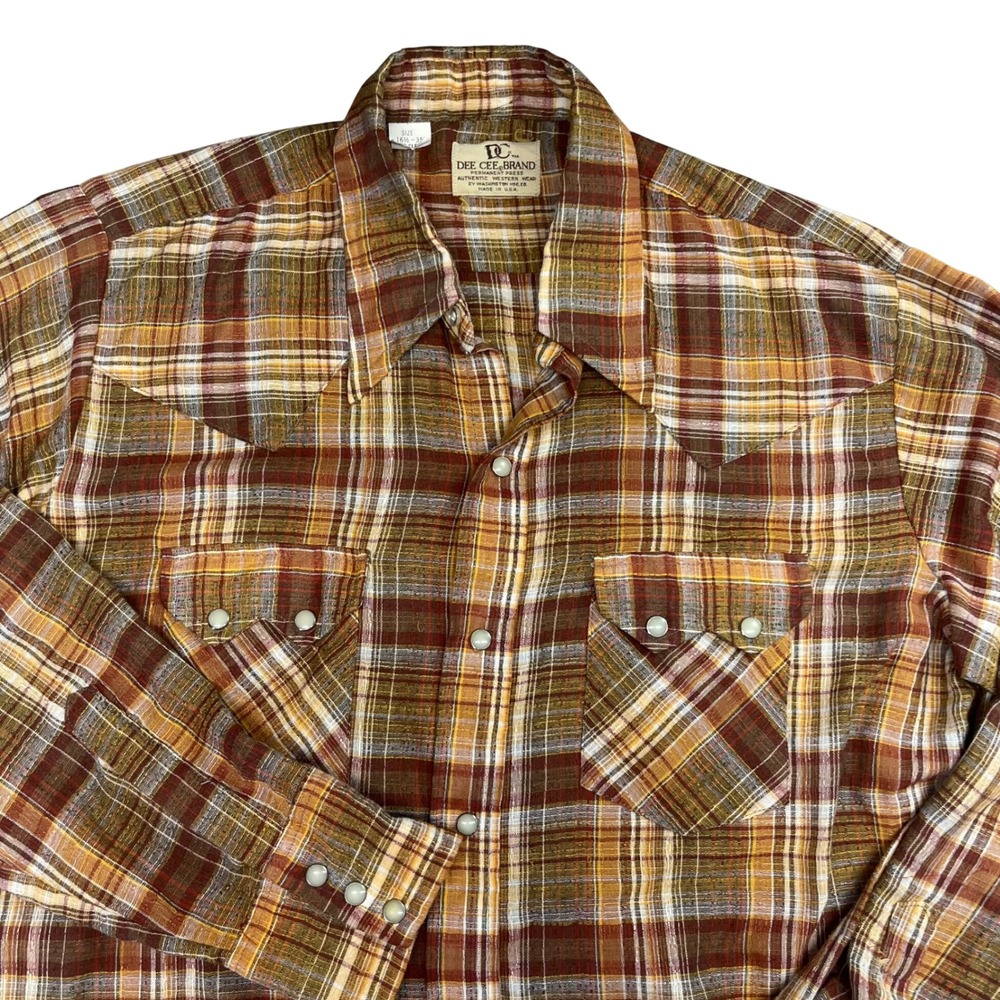 Vintage Dee Cee Brand Pearl Snap Western Shirt Plaid Brown Orange Mens 16.5-35‎